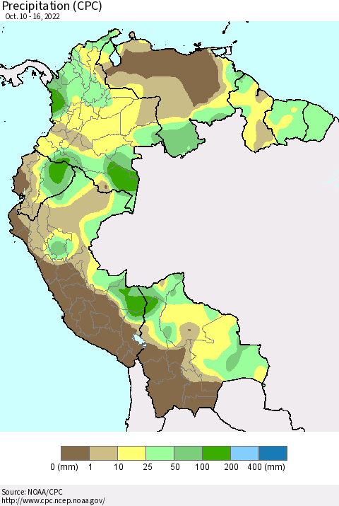 Northern South America Precipitation (CPC) Thematic Map For 10/10/2022 - 10/16/2022