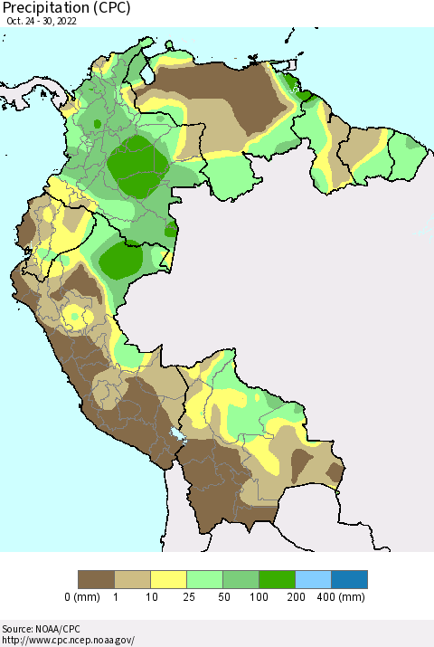 Northern South America Precipitation (CPC) Thematic Map For 10/24/2022 - 10/30/2022
