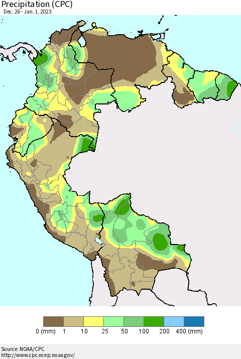 Northern South America Precipitation (CPC) Thematic Map For 12/26/2022 - 1/1/2023