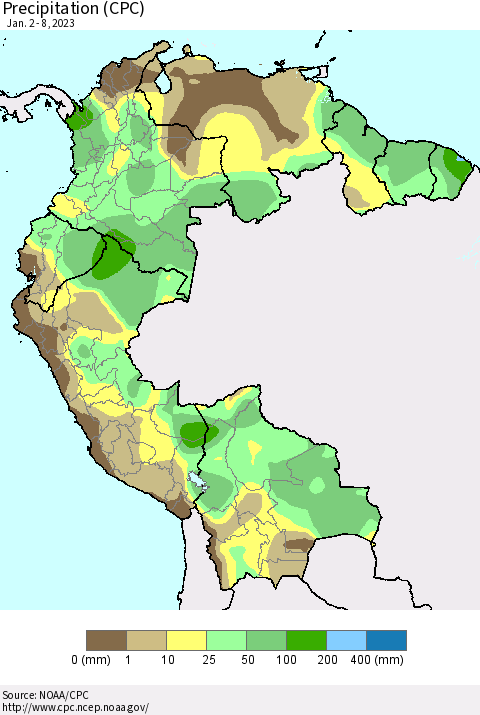 Northern South America Precipitation (CPC) Thematic Map For 1/2/2023 - 1/8/2023