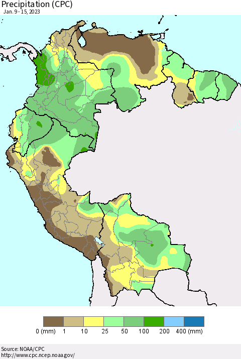 Northern South America Precipitation (CPC) Thematic Map For 1/9/2023 - 1/15/2023