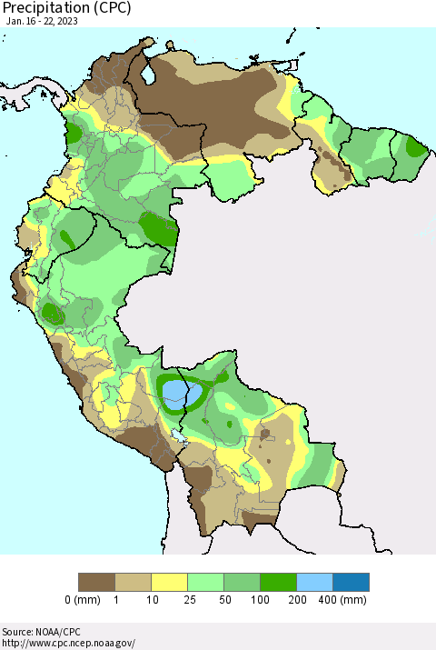 Northern South America Precipitation (CPC) Thematic Map For 1/16/2023 - 1/22/2023