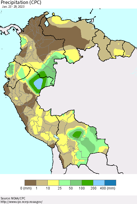 Northern South America Precipitation (CPC) Thematic Map For 1/23/2023 - 1/29/2023