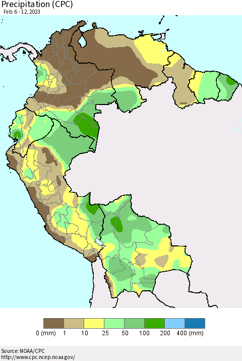 Northern South America Precipitation (CPC) Thematic Map For 2/6/2023 - 2/12/2023