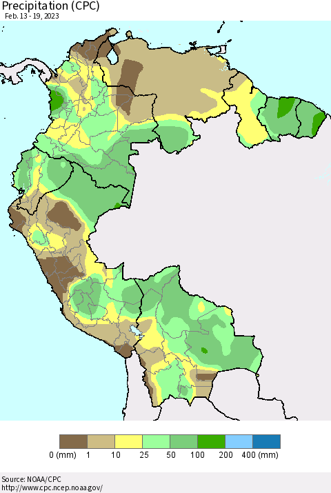 Northern South America Precipitation (CPC) Thematic Map For 2/13/2023 - 2/19/2023