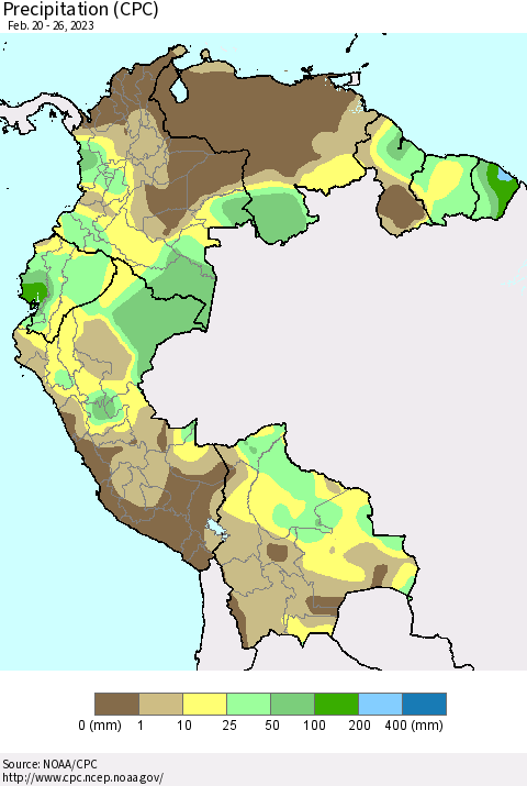 Northern South America Precipitation (CPC) Thematic Map For 2/20/2023 - 2/26/2023