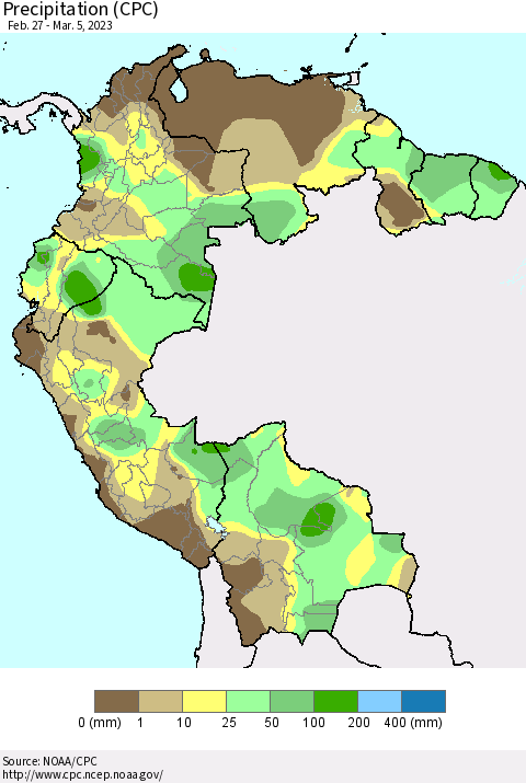 Northern South America Precipitation (CPC) Thematic Map For 2/27/2023 - 3/5/2023