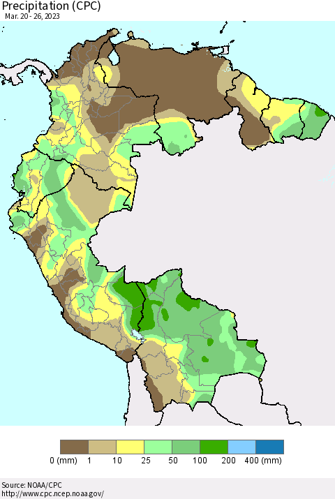 Northern South America Precipitation (CPC) Thematic Map For 3/20/2023 - 3/26/2023