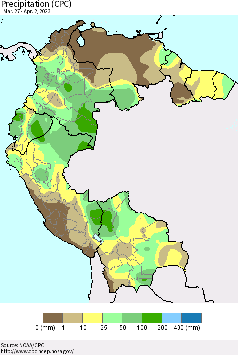 Northern South America Precipitation (CPC) Thematic Map For 3/27/2023 - 4/2/2023