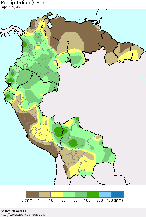 Northern South America Precipitation (CPC) Thematic Map For 4/3/2023 - 4/9/2023