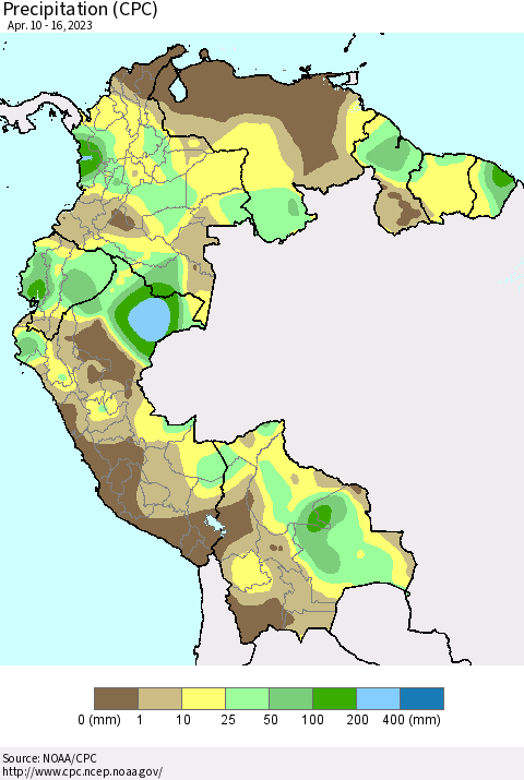 Northern South America Precipitation (CPC) Thematic Map For 4/10/2023 - 4/16/2023