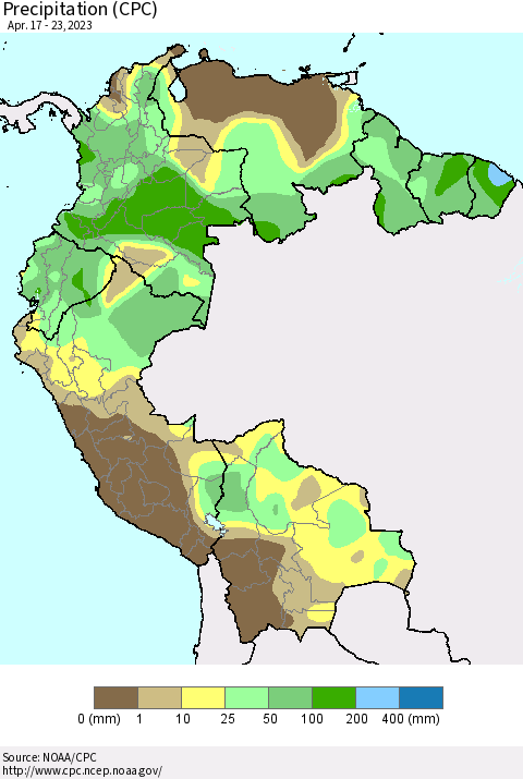 Northern South America Precipitation (CPC) Thematic Map For 4/17/2023 - 4/23/2023