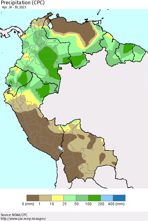 Northern South America Precipitation (CPC) Thematic Map For 4/24/2023 - 4/30/2023