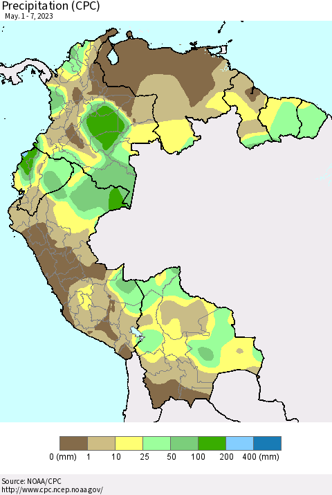 Northern South America Precipitation (CPC) Thematic Map For 5/1/2023 - 5/7/2023
