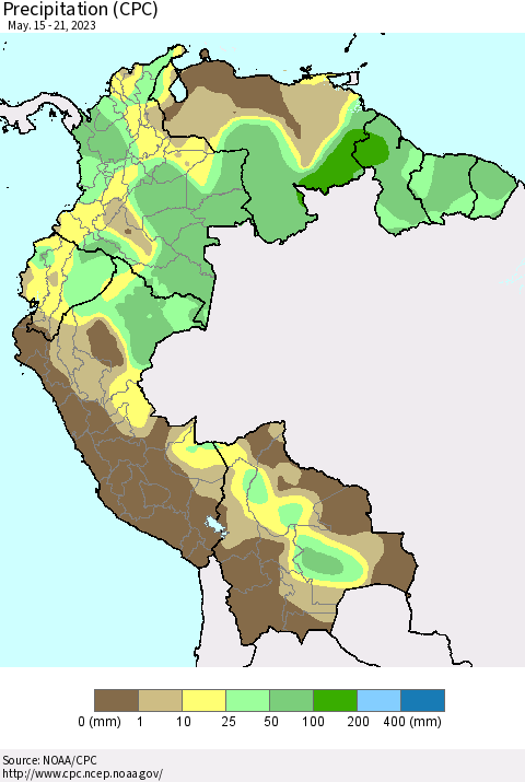 Northern South America Precipitation (CPC) Thematic Map For 5/15/2023 - 5/21/2023