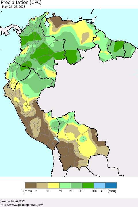 Northern South America Precipitation (CPC) Thematic Map For 5/22/2023 - 5/28/2023