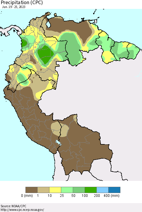 Northern South America Precipitation (CPC) Thematic Map For 6/19/2023 - 6/25/2023