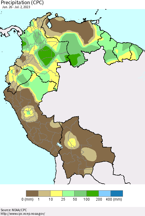 Northern South America Precipitation (CPC) Thematic Map For 6/26/2023 - 7/2/2023
