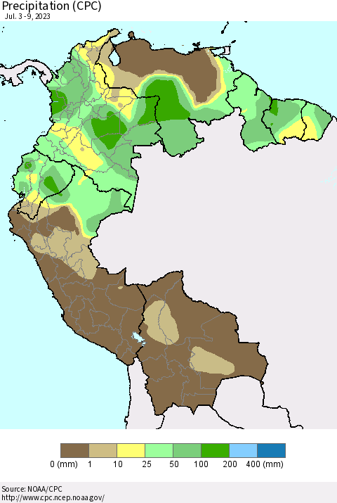 Northern South America Precipitation (CPC) Thematic Map For 7/3/2023 - 7/9/2023