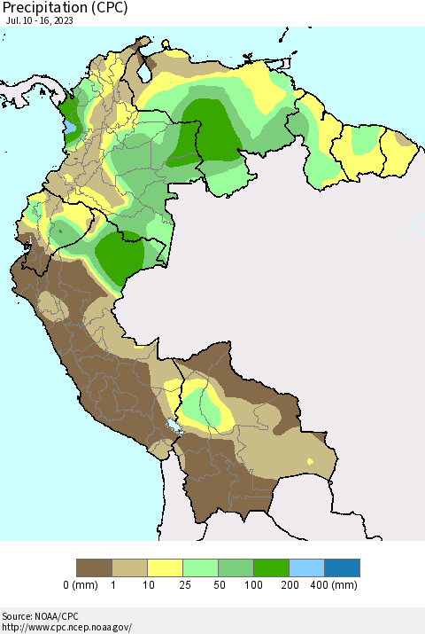 Northern South America Precipitation (CPC) Thematic Map For 7/10/2023 - 7/16/2023