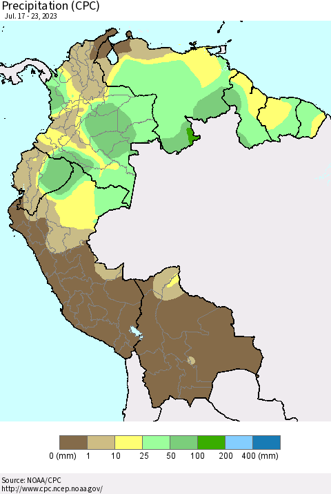 Northern South America Precipitation (CPC) Thematic Map For 7/17/2023 - 7/23/2023