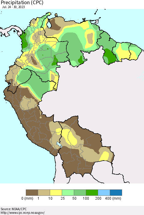 Northern South America Precipitation (CPC) Thematic Map For 7/24/2023 - 7/30/2023