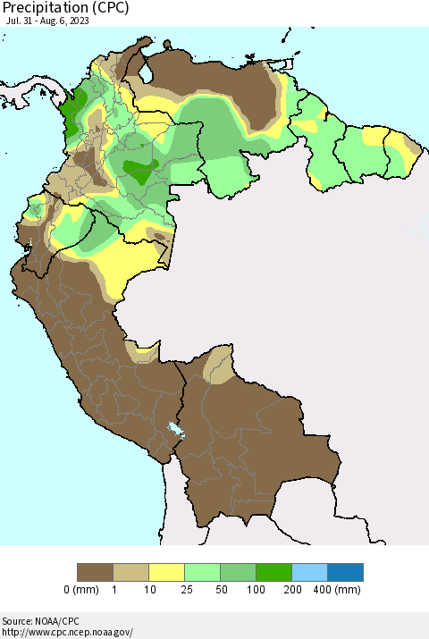 Northern South America Precipitation (CPC) Thematic Map For 7/31/2023 - 8/6/2023