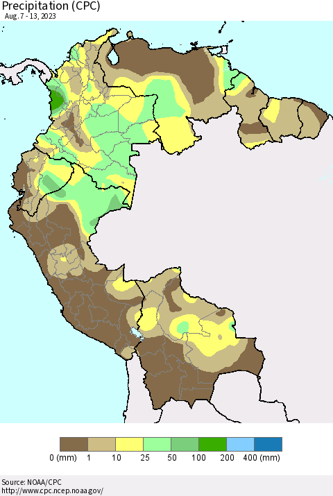 Northern South America Precipitation (CPC) Thematic Map For 8/7/2023 - 8/13/2023