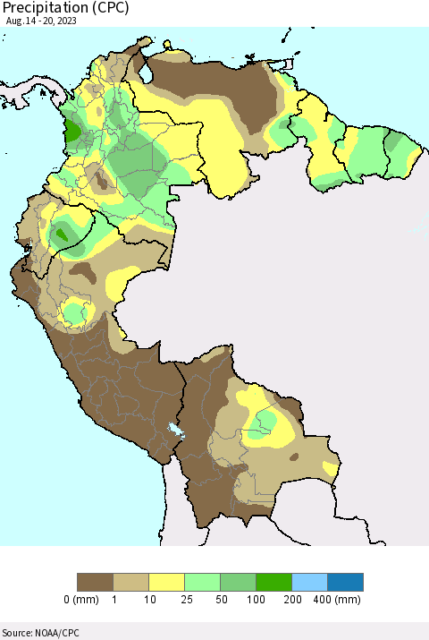 Northern South America Precipitation (CPC) Thematic Map For 8/14/2023 - 8/20/2023