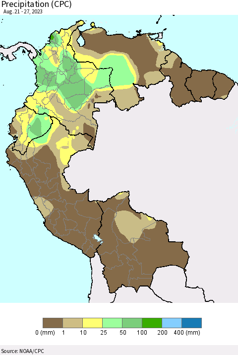Northern South America Precipitation (CPC) Thematic Map For 8/21/2023 - 8/27/2023