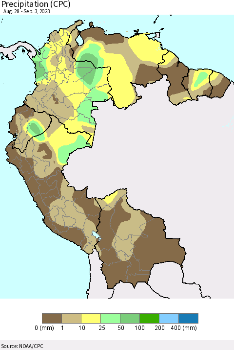Northern South America Precipitation (CPC) Thematic Map For 8/28/2023 - 9/3/2023