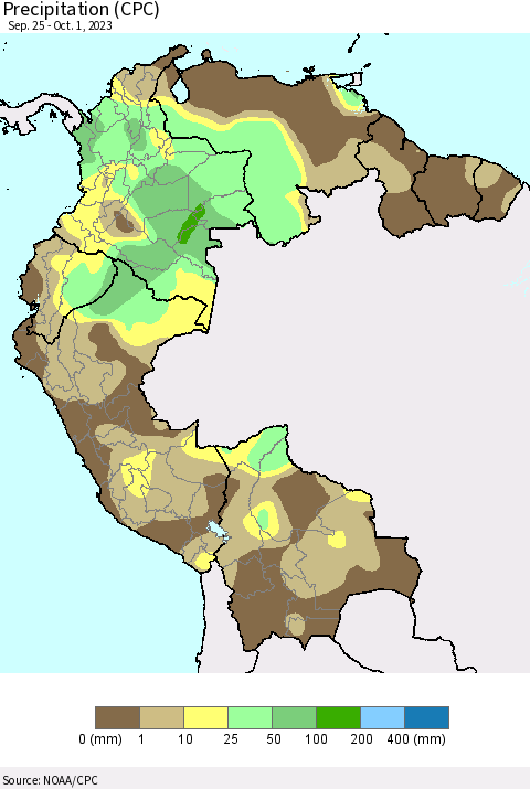 Northern South America Precipitation (CPC) Thematic Map For 9/25/2023 - 10/1/2023