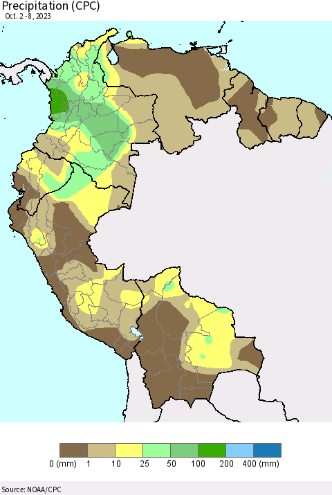 Northern South America Precipitation (CPC) Thematic Map For 10/2/2023 - 10/8/2023