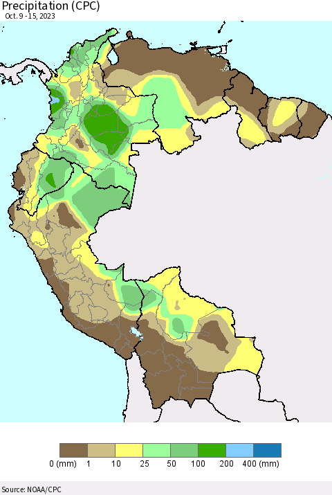 Northern South America Precipitation (CPC) Thematic Map For 10/9/2023 - 10/15/2023
