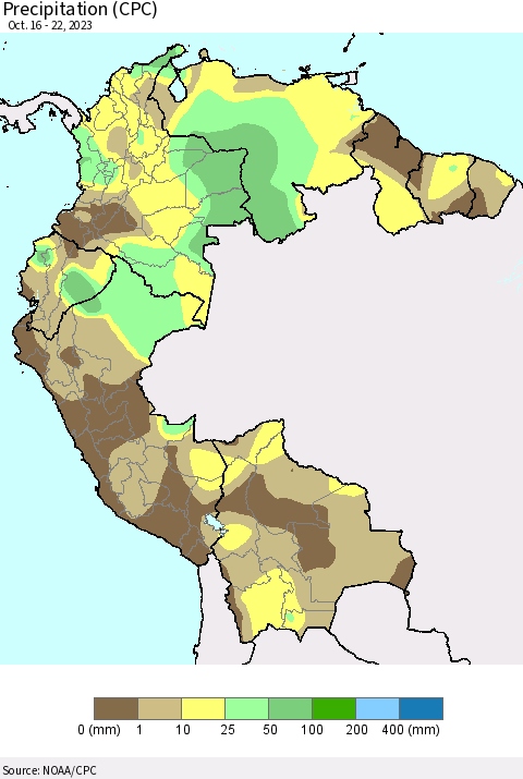 Northern South America Precipitation (CPC) Thematic Map For 10/16/2023 - 10/22/2023