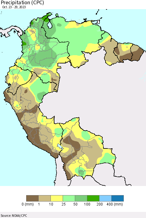 Northern South America Precipitation (CPC) Thematic Map For 10/23/2023 - 10/29/2023