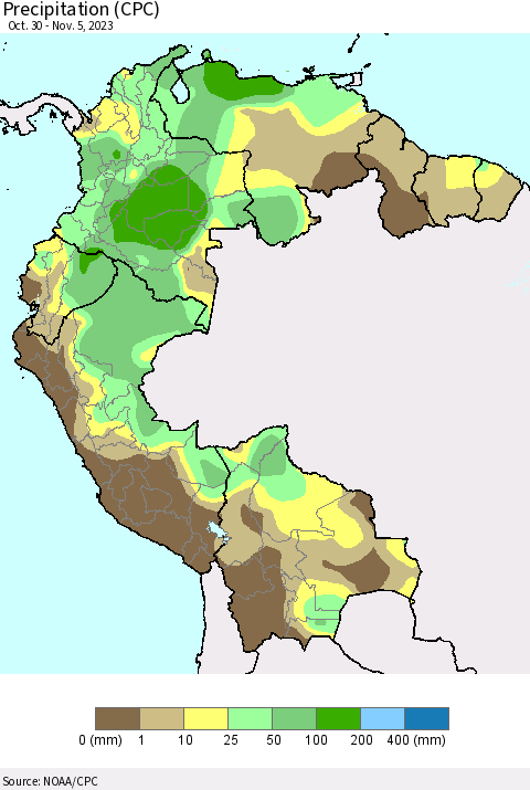 Northern South America Precipitation (CPC) Thematic Map For 10/30/2023 - 11/5/2023
