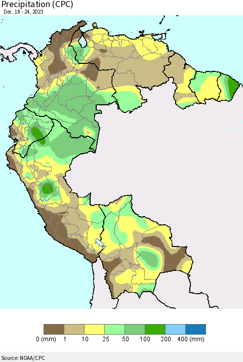 Northern South America Precipitation (CPC) Thematic Map For 12/18/2023 - 12/24/2023