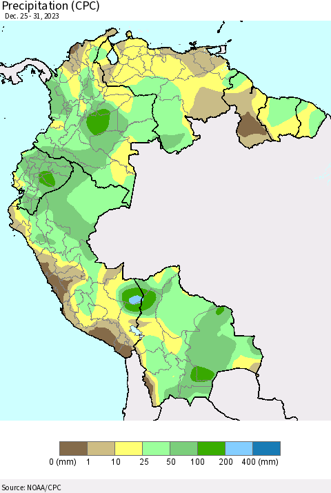 Northern South America Precipitation (CPC) Thematic Map For 12/25/2023 - 12/31/2023
