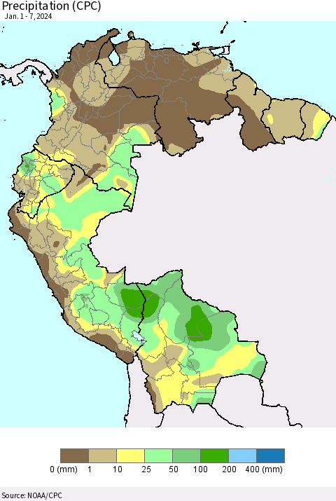 Northern South America Precipitation (CPC) Thematic Map For 1/1/2024 - 1/7/2024