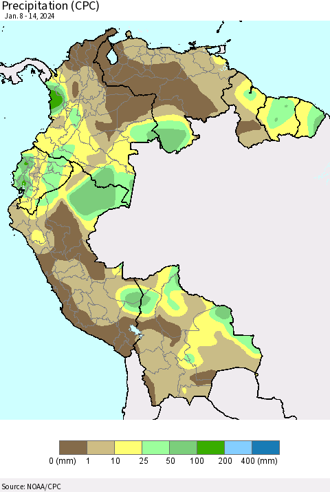 Northern South America Precipitation (CPC) Thematic Map For 1/8/2024 - 1/14/2024