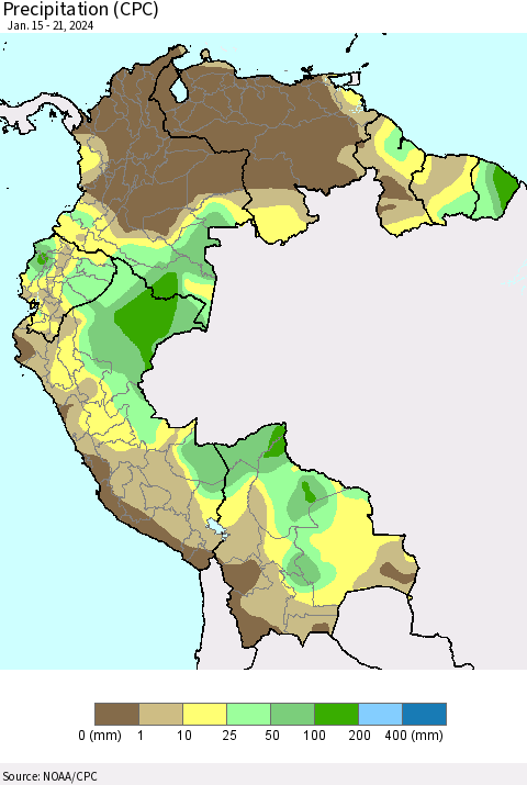 Northern South America Precipitation (CPC) Thematic Map For 1/15/2024 - 1/21/2024