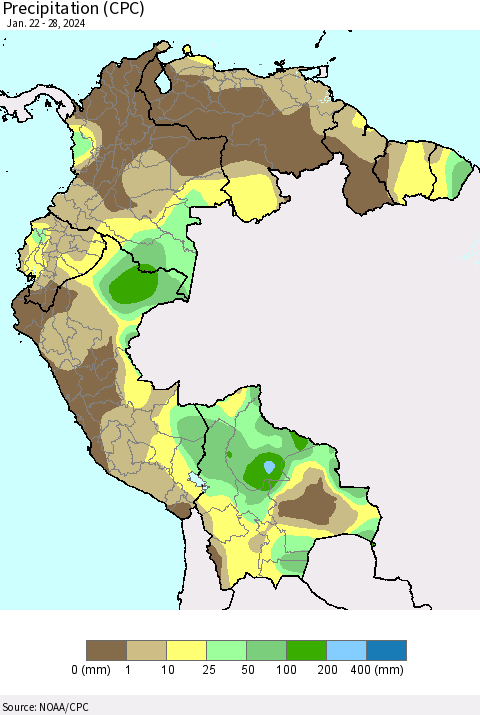 Northern South America Precipitation (CPC) Thematic Map For 1/22/2024 - 1/28/2024