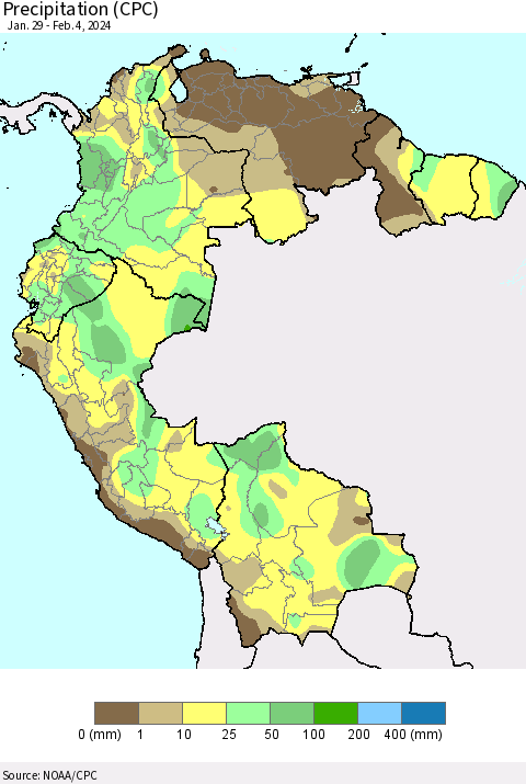 Northern South America Precipitation (CPC) Thematic Map For 1/29/2024 - 2/4/2024