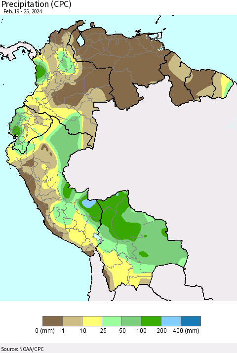Northern South America Precipitation (CPC) Thematic Map For 2/19/2024 - 2/25/2024