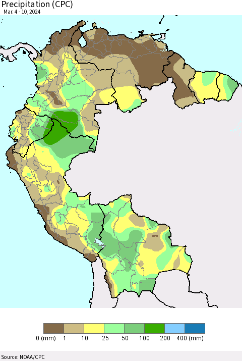 Northern South America Precipitation (CPC) Thematic Map For 3/4/2024 - 3/10/2024
