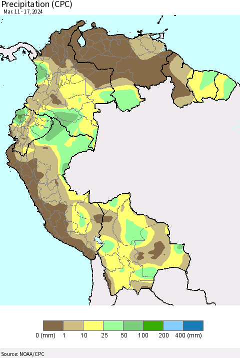 Northern South America Precipitation (CPC) Thematic Map For 3/11/2024 - 3/17/2024