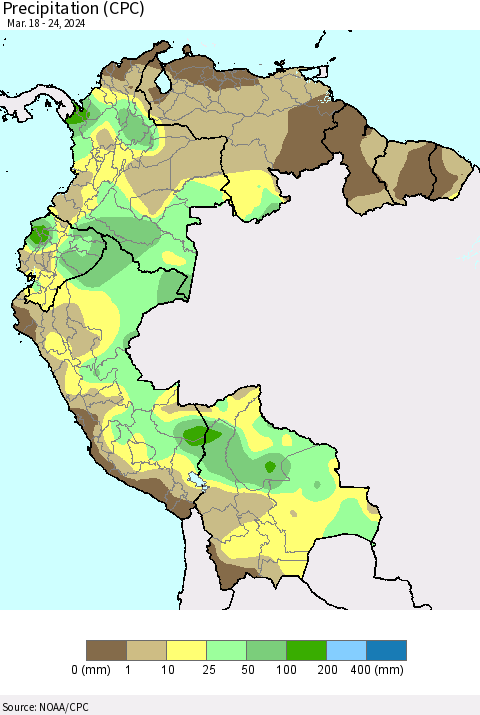 Northern South America Precipitation (CPC) Thematic Map For 3/18/2024 - 3/24/2024