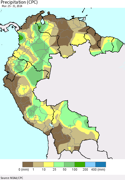 Northern South America Precipitation (CPC) Thematic Map For 3/25/2024 - 3/31/2024