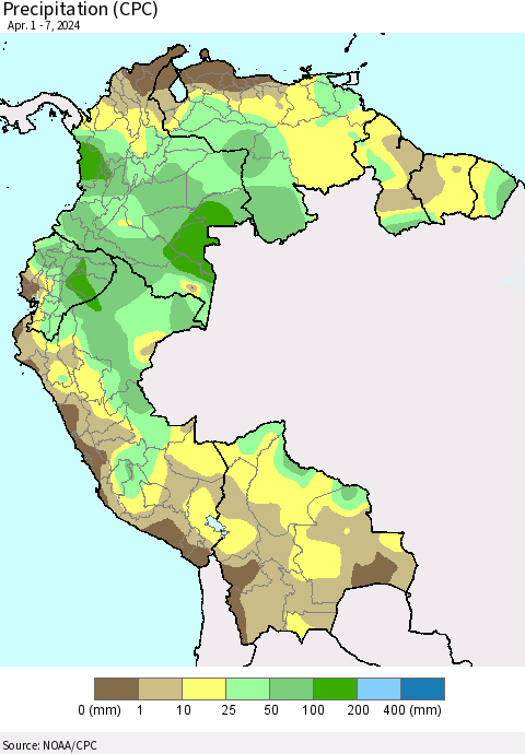 Northern South America Precipitation (CPC) Thematic Map For 4/1/2024 - 4/7/2024